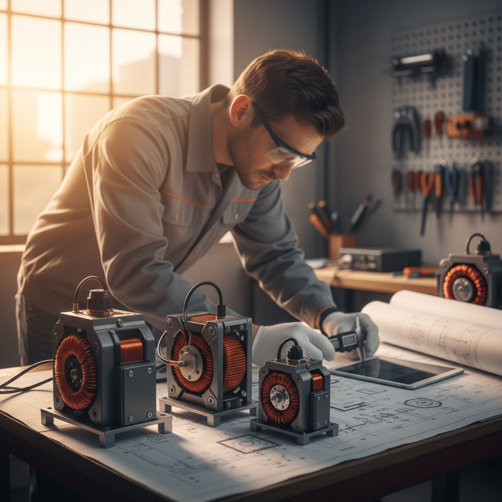 Technician sizing precision electric boost-phase rotary phase converters on a workbench with schematics, ensuring correct ...