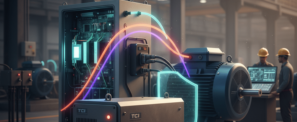 Illustration showing how TCI HGL harmonic filters protect a VFD and motor system from electrical harmonic distortion.