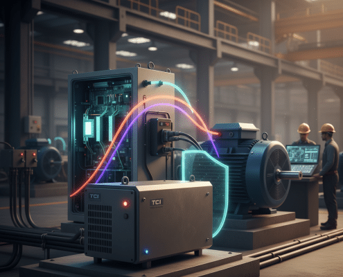 Illustration showing how TCI HGL harmonic filters protect a VFD and motor system from electrical harmonic distortion.