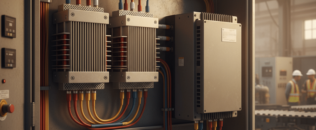 Image of TCI KDR line reactors installed in an industrial control panel to provide essential protection for a variable fre...