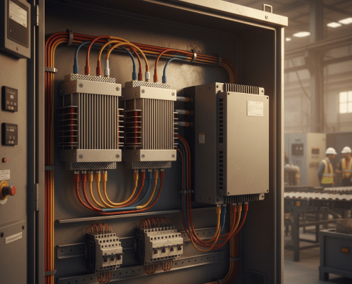 Image of TCI KDR line reactors installed in an industrial control panel to provide essential protection for a variable fre...