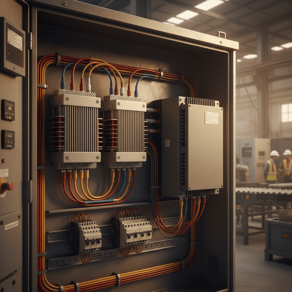Image of TCI KDR line reactors installed in an industrial control panel to provide essential protection for a variable fre...