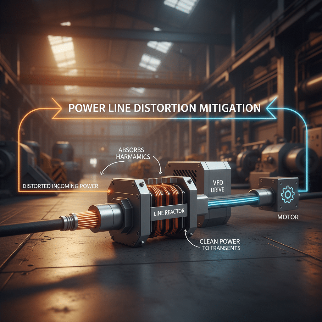 A diagram showing how TCI KDR line reactors protect a VFD system from power line distortion.