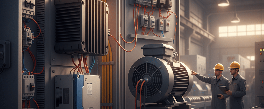 Illustration of how TCI KLR line reactors are installed to protect a Variable Frequency Drive (VFD) and motor from unseen ...