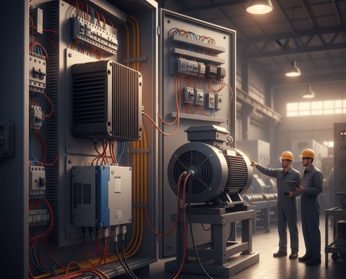 Illustration of how TCI KLR line reactors are installed to protect a Variable Frequency Drive (VFD) and motor from unseen ...