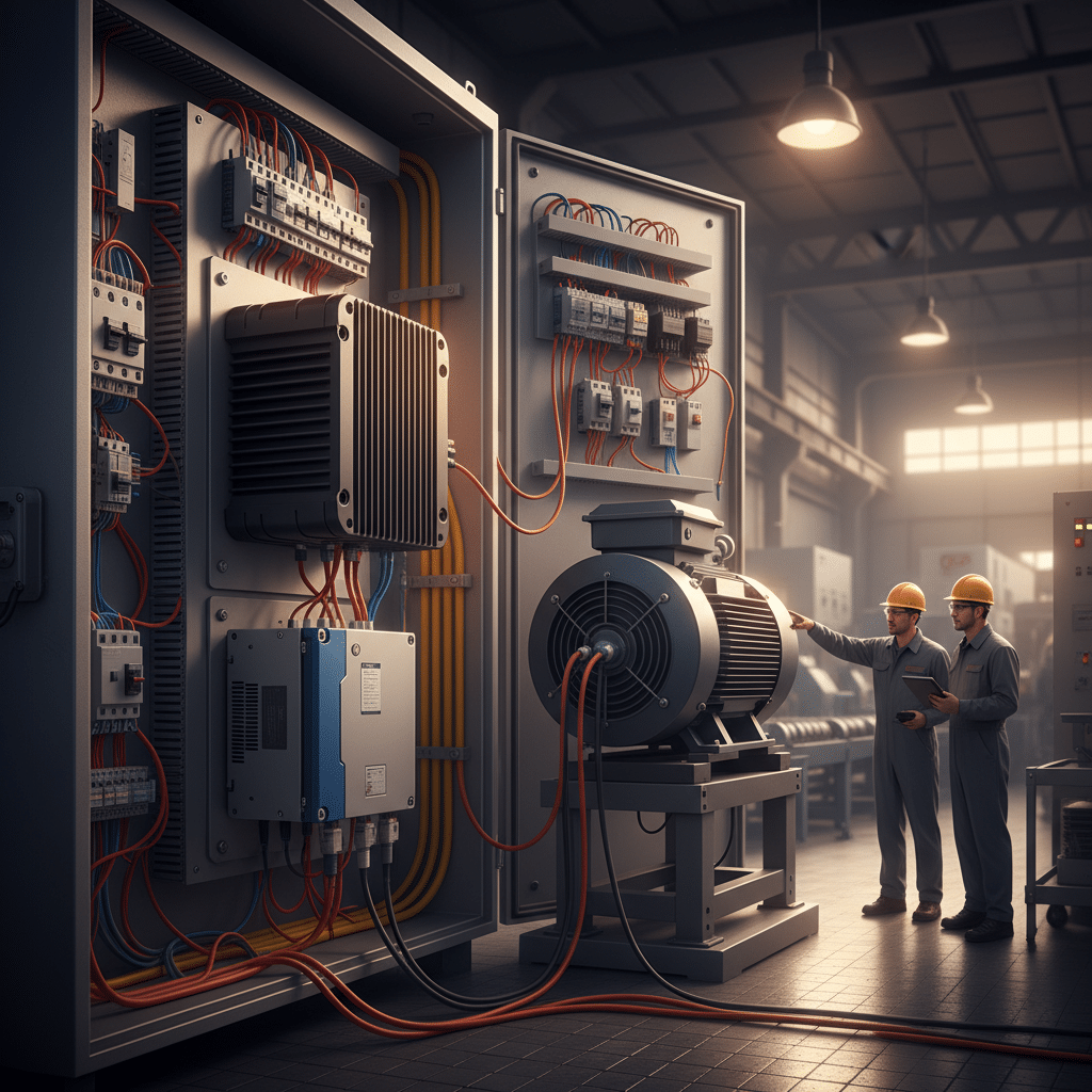 Illustration of how TCI KLR line reactors are installed to protect a Variable Frequency Drive (VFD) and motor from unseen ...