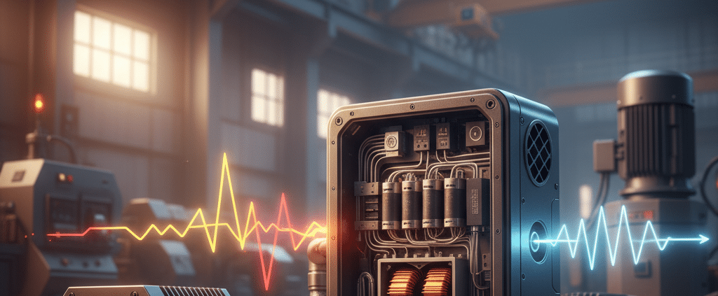 Diagram showing how TCI KRF EMI filters work by cleaning the electrical noise generated by a Variable Frequency Drive (VFD...