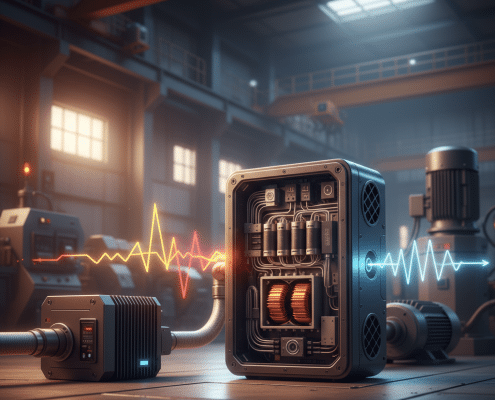 Diagram showing how TCI KRF EMI filters work by cleaning the electrical noise generated by a Variable Frequency Drive (VFD...