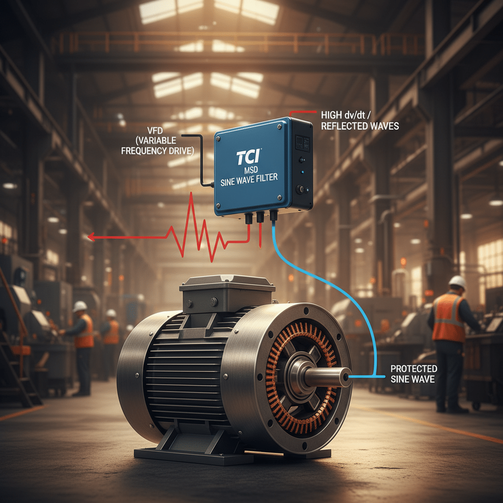Diagram showing how TCI MSD sine wave filters protect VFD-driven motors from the damaging effects of high dV/dt and reflec...
