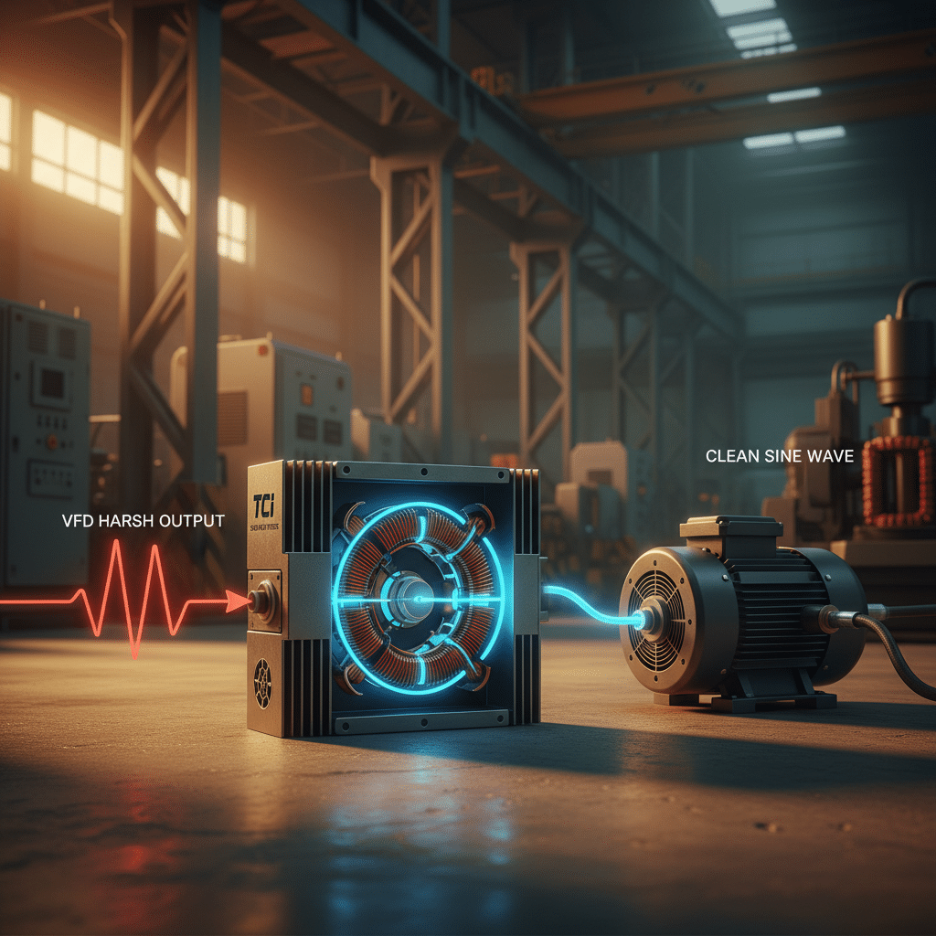 Diagram showing how TCI MSD sine wave filters provide motor protection by converting a VFD's harsh output into a clean sin...