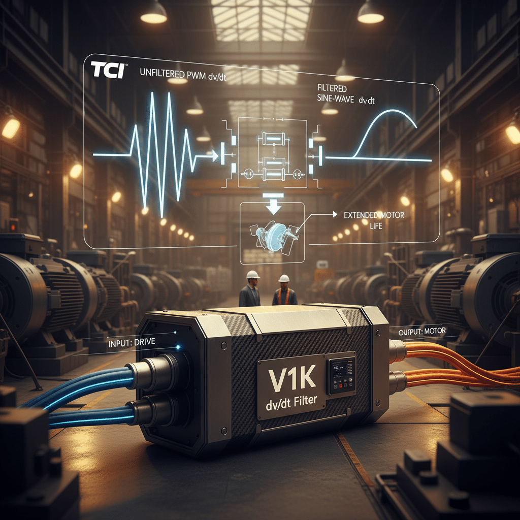 How the TCI V1K dV/dt Filter Solves VFD Reflective Wave Voltage Spikes tci v1k motor protection filter dv-dt output filter - Diagram showing how a TCI V1K motor protection filter dV/dt output filt