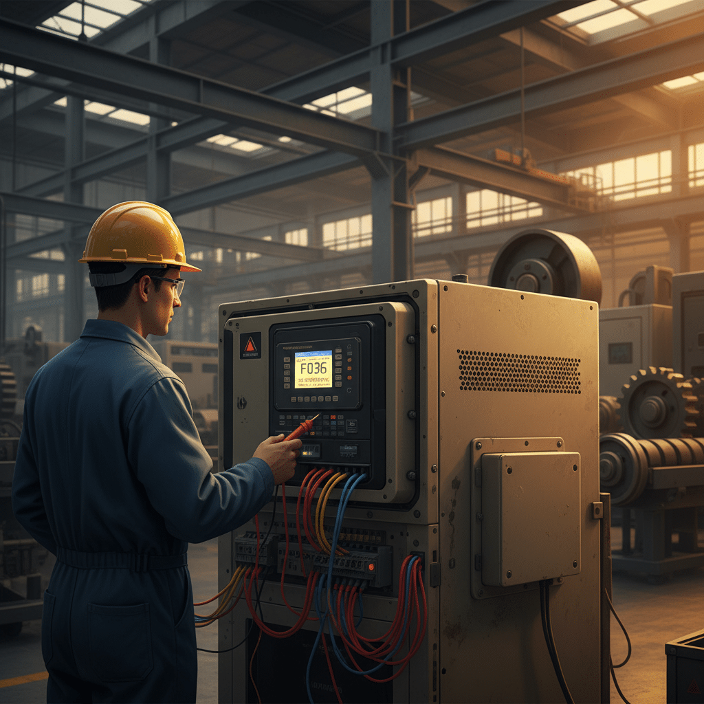 Technician diagnosing a fault code on the digital display of an Allen Bradley VFD motor control unit.