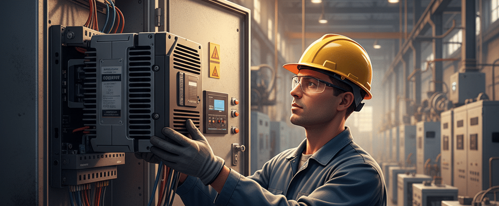 A certified technician professionally installing one of the latest Allen Bradley VFD drives onto a clean industrial contro...