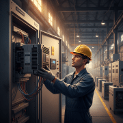 A certified technician professionally installing one of the latest Allen Bradley VFD drives onto a clean industrial contro...
