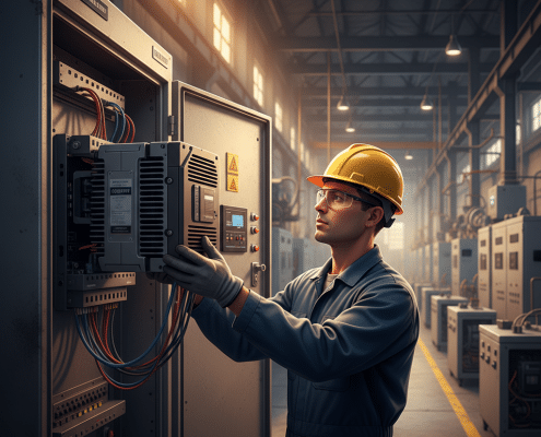 A certified technician professionally installing one of the latest Allen Bradley VFD drives onto a clean industrial contro...