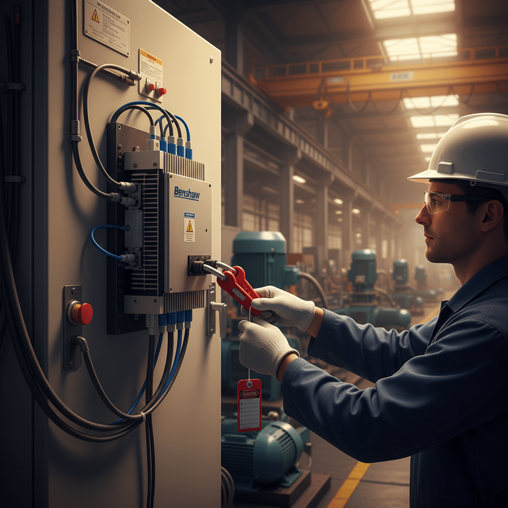 A certified technician applying a safety lock during a lockout-tagout procedure on a control panel with benshaw mx4pb soft...