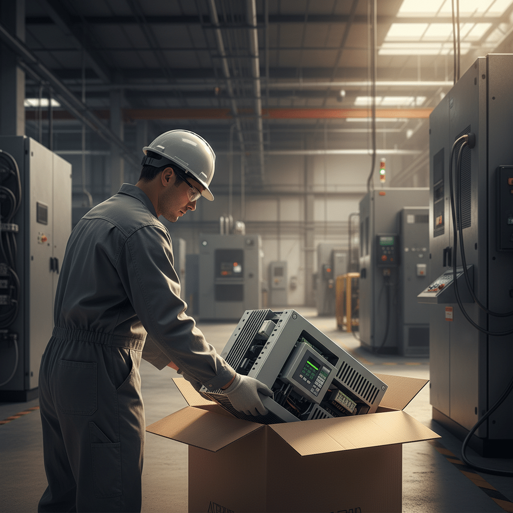A technician carefully unboxes one of the new abb acs550-pd variable frequency drives vfds, preparing for the physical ins...