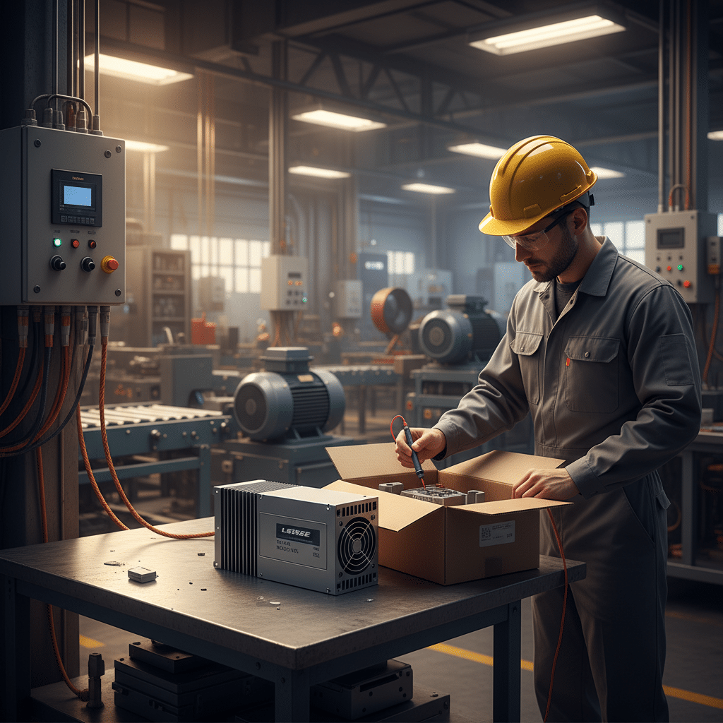 lenze ac tech scl variable frequency drives vfds - A technician carefully unboxes and inspects one of the new Lenze AC Tech S