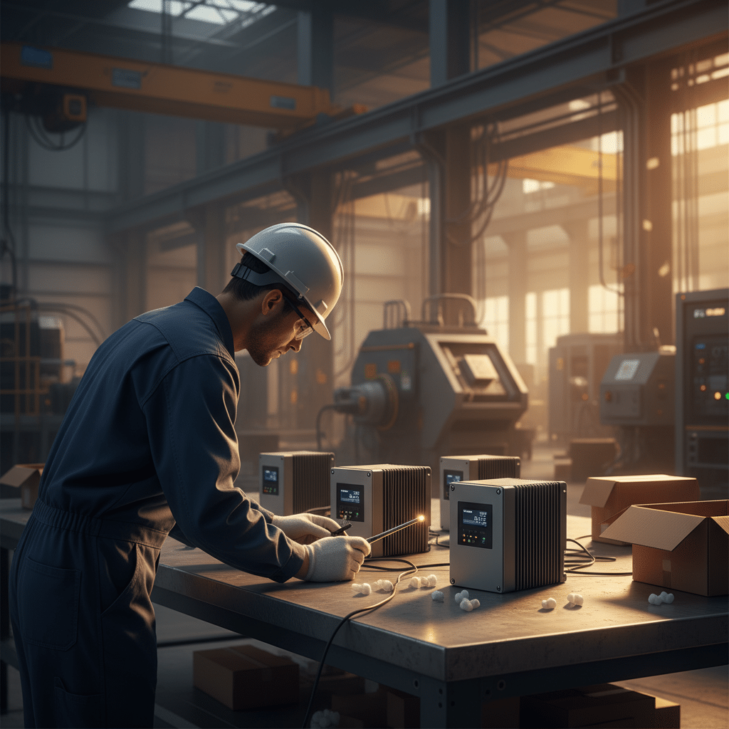 Technician carefully inspects the new Lenze SMVector variable frequency drives VFDs after unboxing them from the packaging.