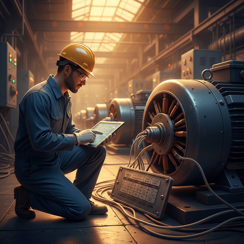 Technician carefully matching the specifications of a variable frequency controller to the data on an AC motor nameplate.