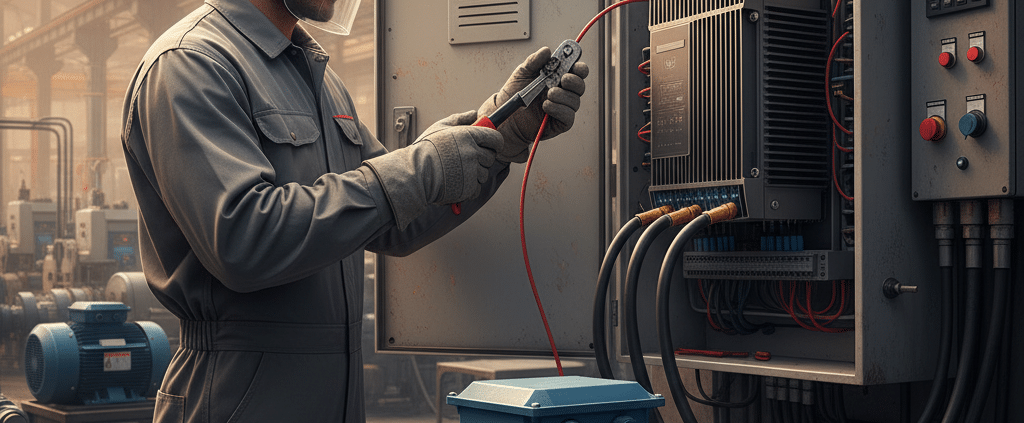 Electrician wearing safety gloves and glasses while performing wiring for a vfd 3 phase motor to ensure proper safety.