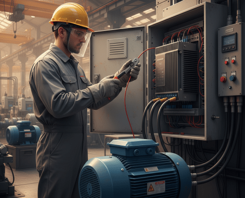Electrician wearing safety gloves and glasses while performing wiring for a vfd 3 phase motor to ensure proper safety.