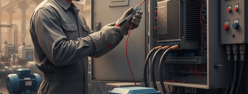 Electrician wearing safety gloves and glasses while performing wiring for a vfd 3 phase motor to ensure proper safety.
