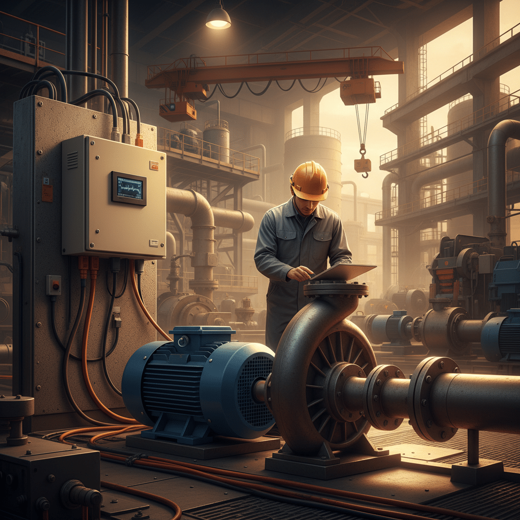 Technician analyzing a VFD for 3 phase motor connected to an industrial pump, illustrating different application load types.