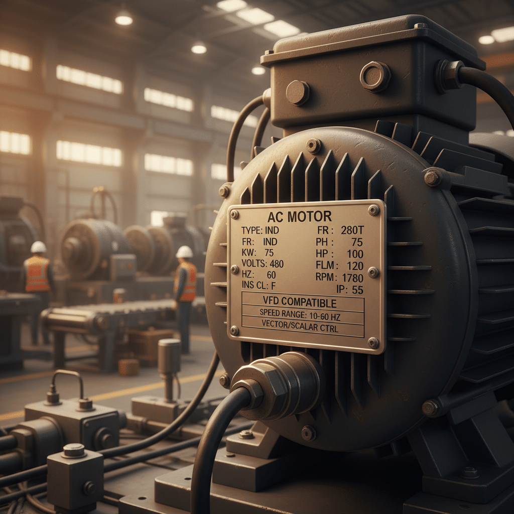 vfd for 3 phase motor - A close-up of a motor nameplate showing the data needed when choosing a VFD for a 3 phase motor.