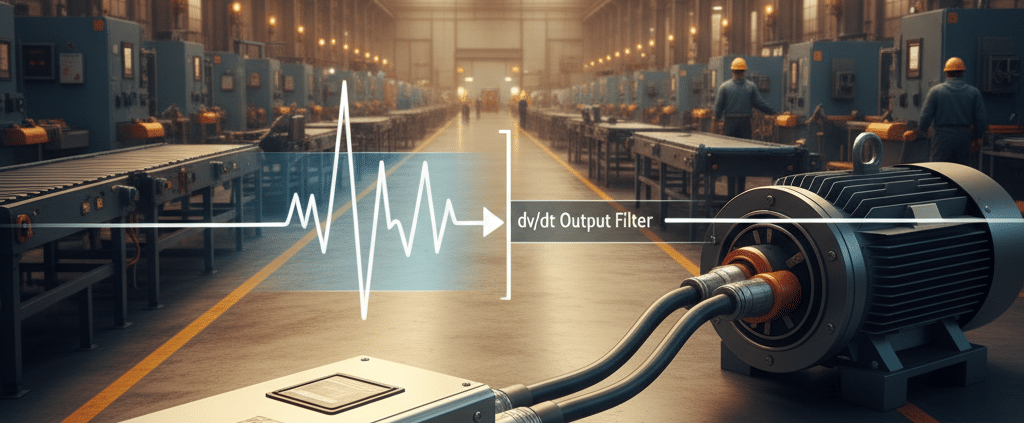 Diagram of a TCI V1K motor protection filter dv-dt output filter blocking harmful voltage spikes traveling from a VFD to a...