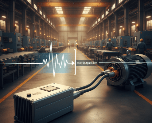 Diagram of a TCI V1K motor protection filter dv-dt output filter blocking harmful voltage spikes traveling from a VFD to a...