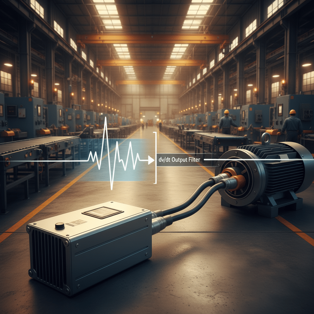 How the TCI V1K dV/dt Output Filter Protects VFD-Controlled Motors Diagram of a TCI V1K motor protection filter dv-dt output filter blocking harmful voltage spikes traveling from a VFD to a...