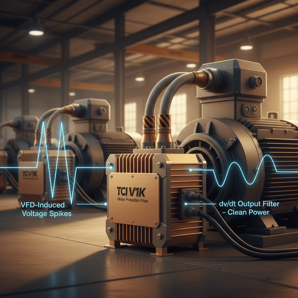 How a TCI V1K dV/dt Filter Prevents VFD-Induced Motor Failure Illustration of a tci v1k motor protection filter dv-dt output filter stopping VFD-induced voltage spikes from damaging a ...