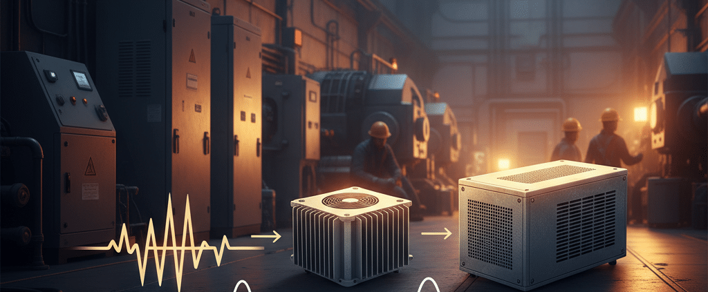 Diagram showing how VFDs create harmonic distortion on a power sine wave, an issue corrected by TCI HGP harmonic filters.