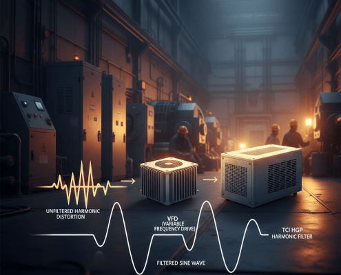 Diagram showing how VFDs create harmonic distortion on a power sine wave, an issue corrected by TCI HGP harmonic filters.