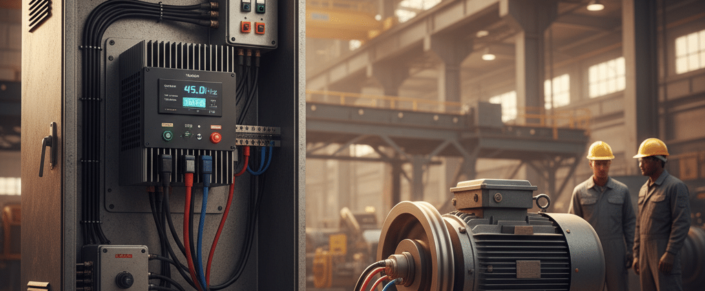 A 3 phase motor vfd setup showing the variable frequency drive connected to an industrial motor for speed control.