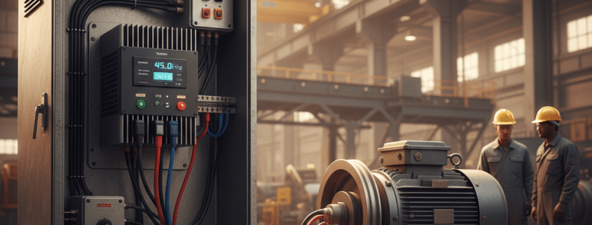 A 3 phase motor vfd setup showing the variable frequency drive connected to an industrial motor for speed control.