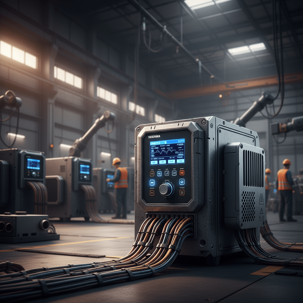 A studio shot of one of the Yaskawa A1000 variable frequency drives vfds, showcasing its digital control panel and robust ...