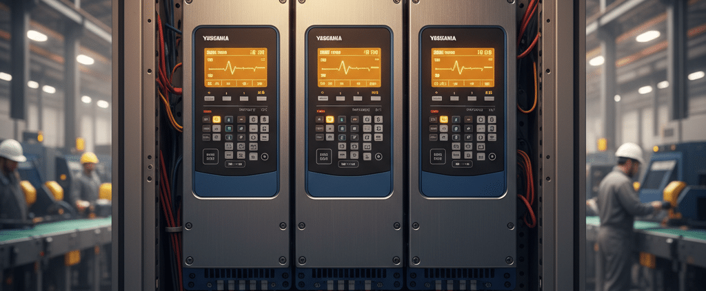 Front view of the Yaskawa A1000 variable frequency drives VFDs, showcasing the digital operator display and control keypad.