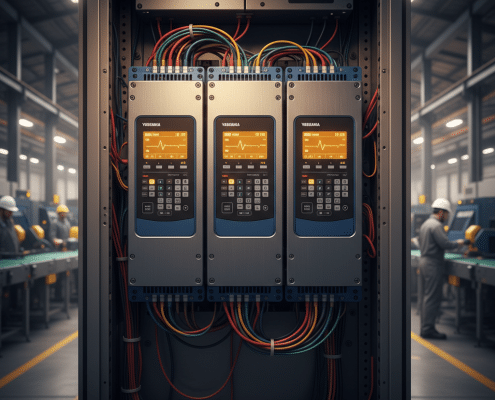 Front view of the Yaskawa A1000 variable frequency drives VFDs, showcasing the digital operator display and control keypad.