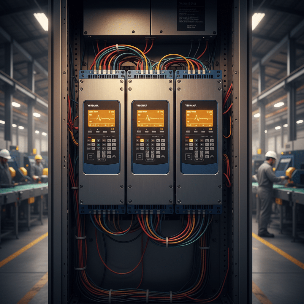 Front view of the Yaskawa A1000 variable frequency drives VFDs, showcasing the digital operator display and control keypad.