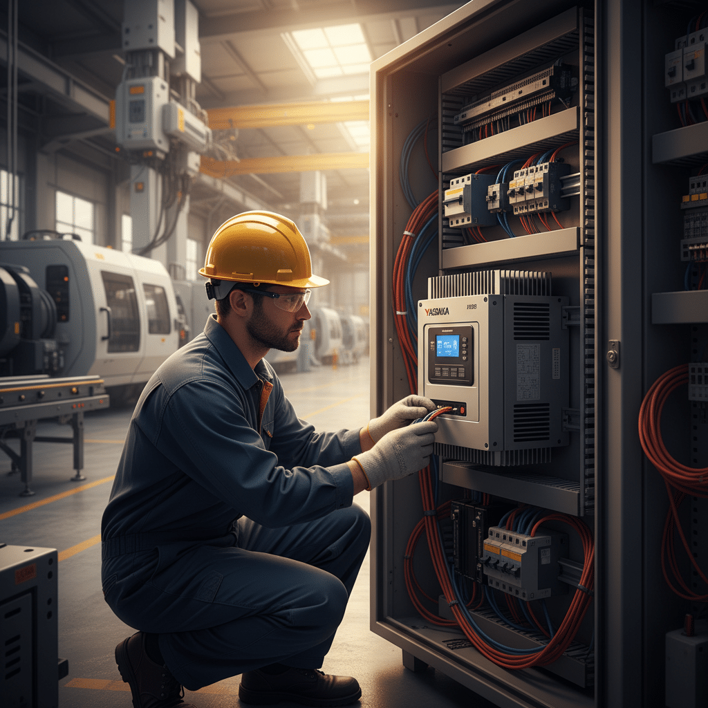 A technician correctly wires the control terminals on one of the Yaskawa A1000 variable frequency drives VFDs, demonstrati...