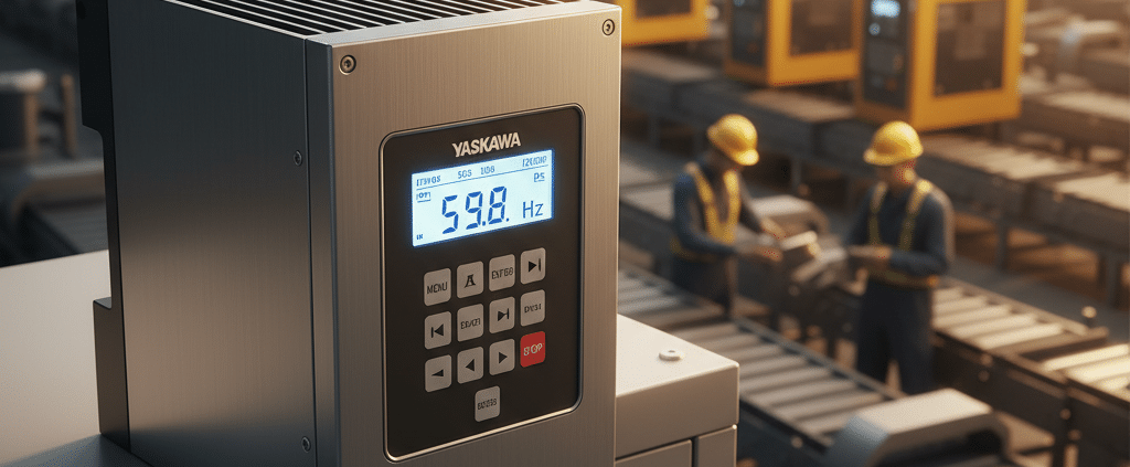 A Yaskawa GA500 variable frequency drives VFDs unit, highlighting its compact design and easy-to-read operator keypad.
