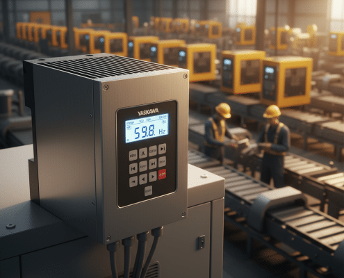 A Yaskawa GA500 variable frequency drives VFDs unit, highlighting its compact design and easy-to-read operator keypad.