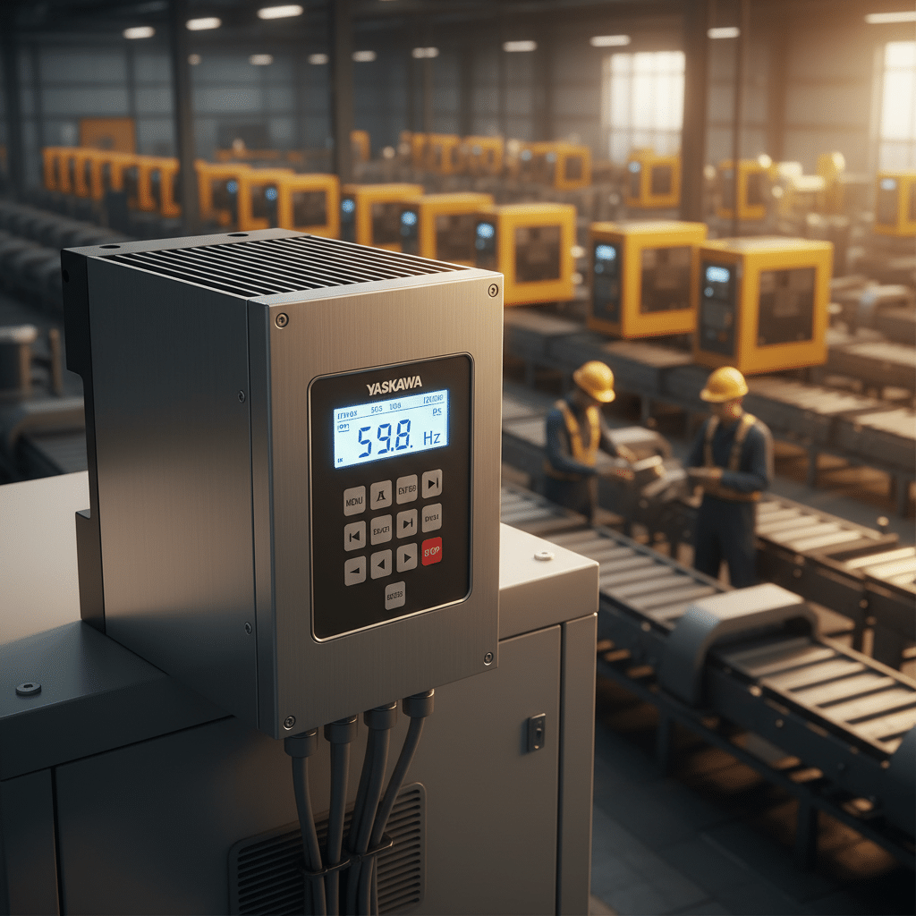 A Yaskawa GA500 variable frequency drives VFDs unit, highlighting its compact design and easy-to-read operator keypad.