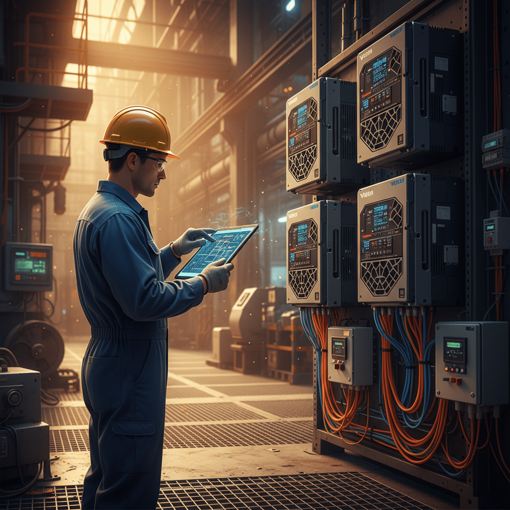A technician carefully follows wiring diagrams for the safe installation of Yaskawa GA500 variable frequency drives VFDs.