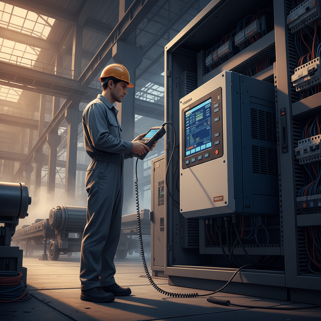 yaskawa ga800 variable frequency drives vfds - A technician programming one of the Yaskawa GA800 variable frequency drives (V
