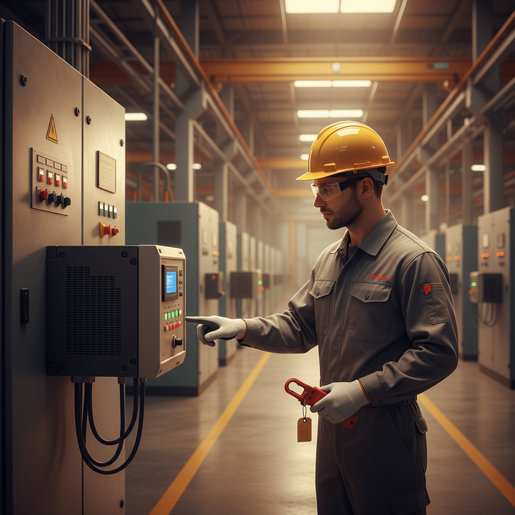Technician demonstrating the correct safety protocols for handling Yaskawa J1000 variable frequency drives VFDs before ins...