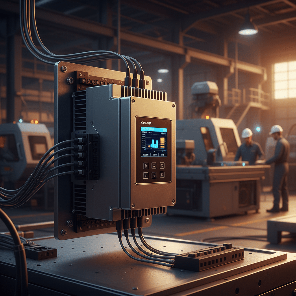 A Yaskawa J1000 variable frequency drives vfds unit, showcasing its compact design and user-friendly digital operator inte...