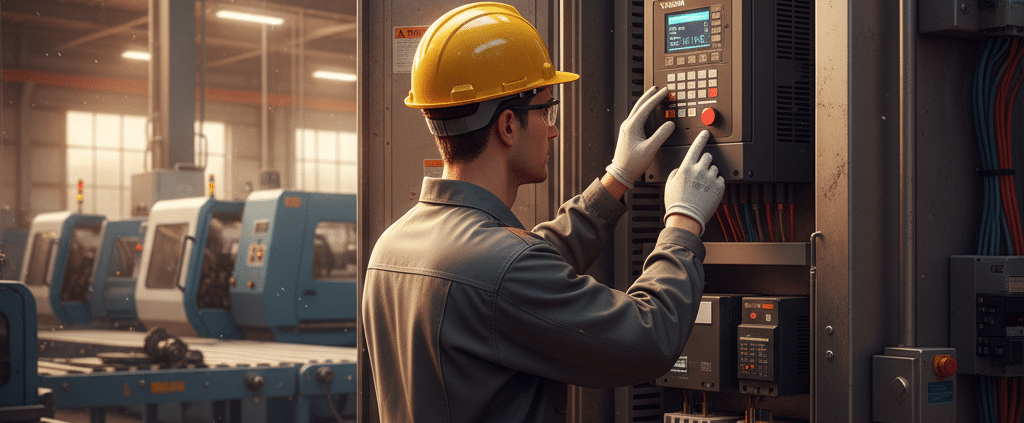 A technician adjusting the settings on a Yaskawa V1000 variable frequency drives VFDs unit, which is mounted in an industr...